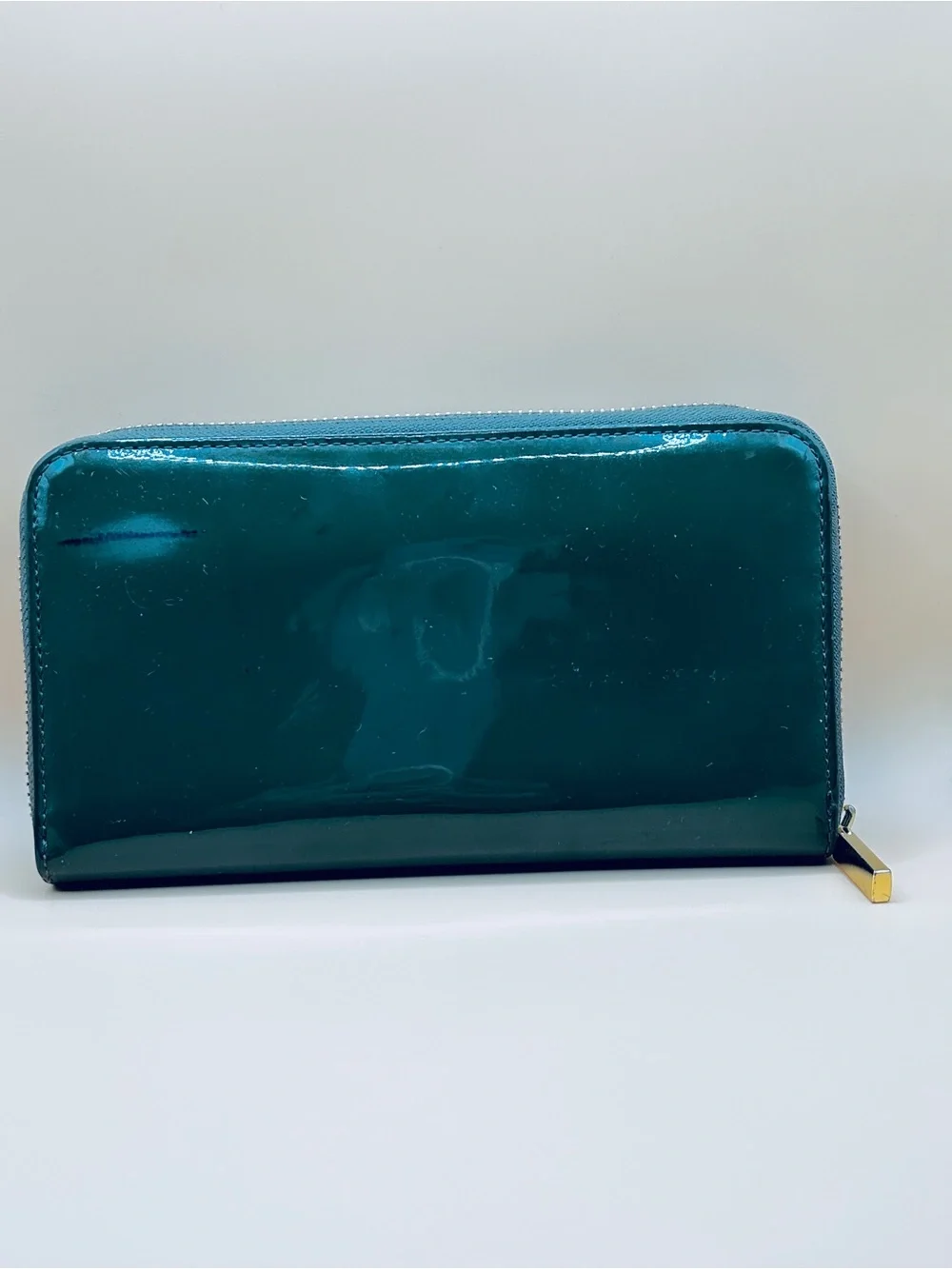 Tory Burch Glossy Forest Green Patent Full Size Zip Wallet GC